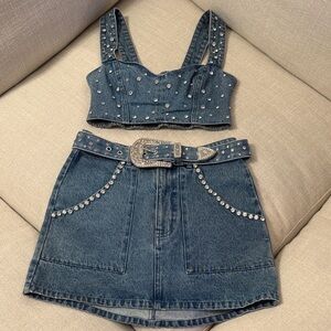Show Me Your Mumu Denim Set – Western Studded Crop Top + Mini Skirt + Belt (S)